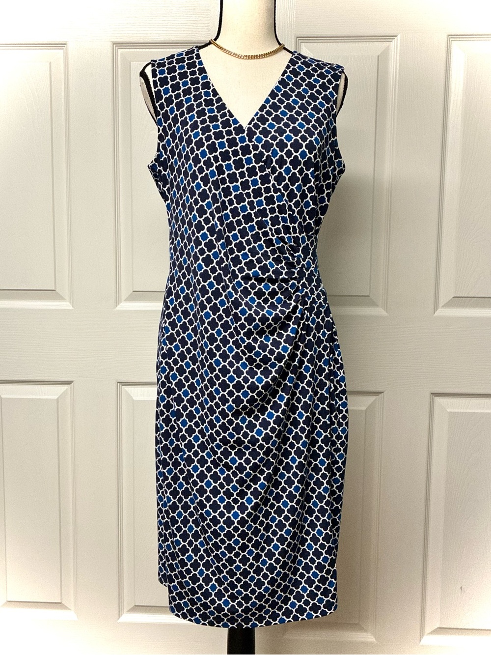 CHARTER CLUB Wrap Dress, Sleeveless, Blue/Black Print, Medium